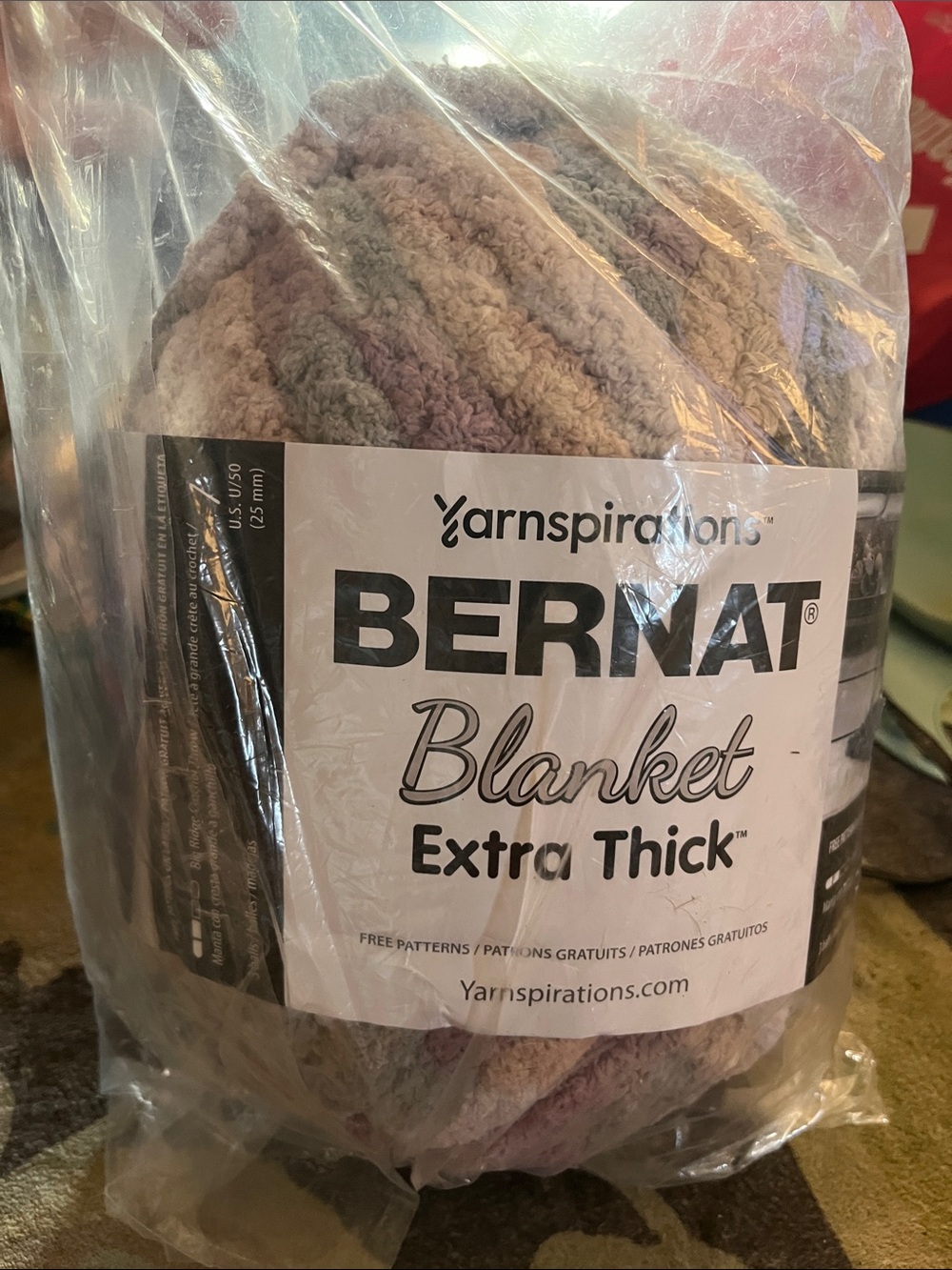 Bernat Extra Thick Plush Blanket Yarn in Taupe and Mauve